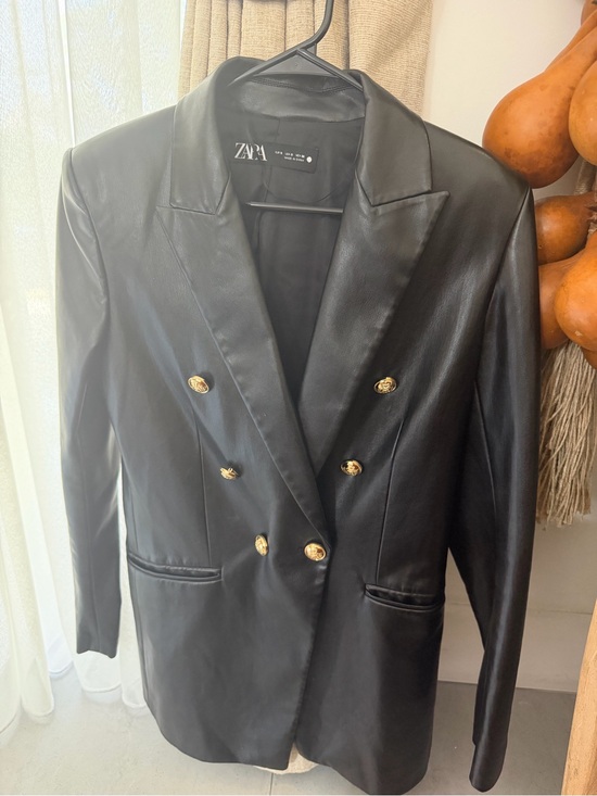 Zara Jackets & Blazers - Zara Black Faux Leather Double-Breasted Blazer Jacket w/ Gold Buttons